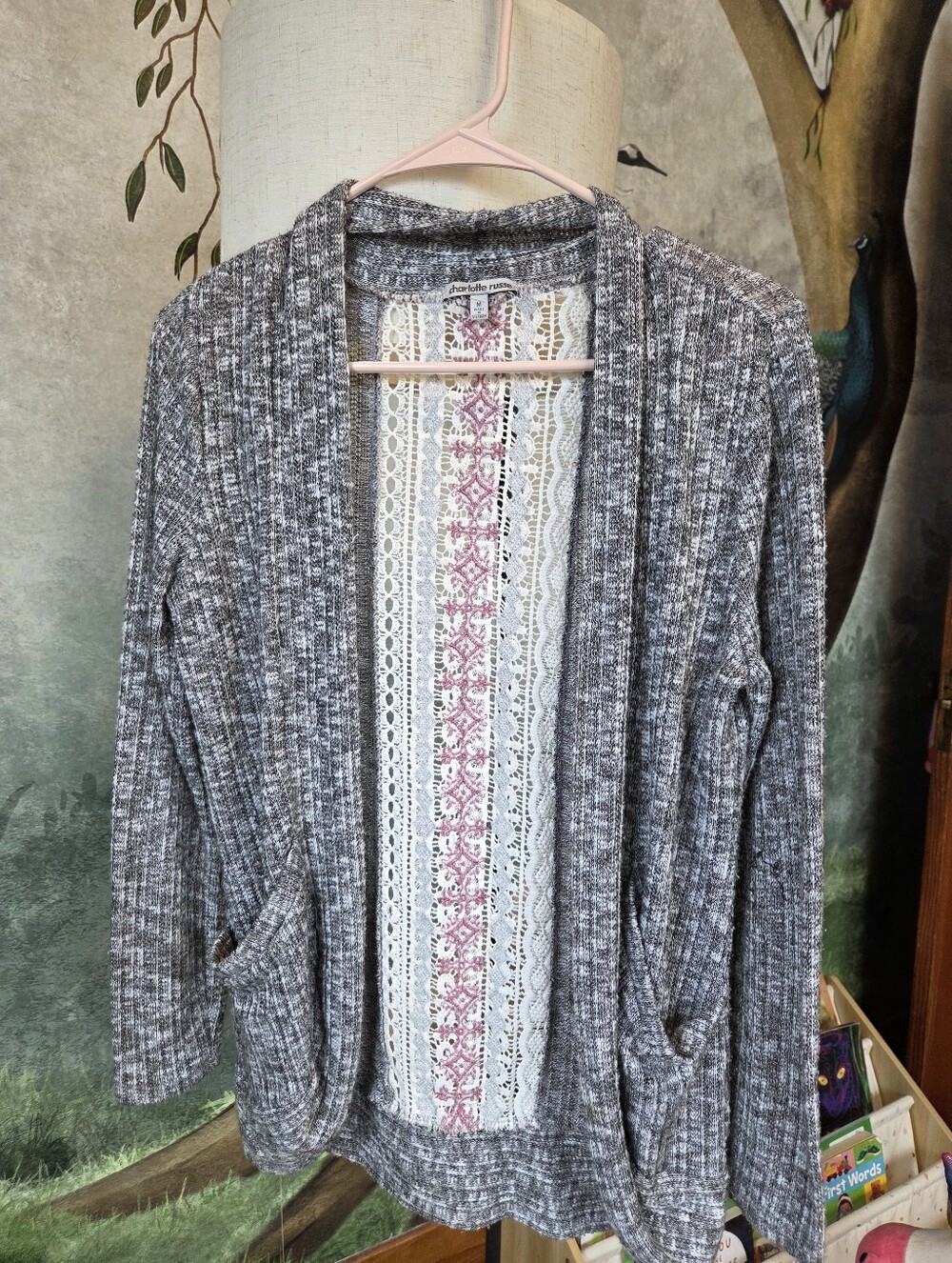 Charlotte Russe Gray Open-Front Cardigan with Lace Back Panel